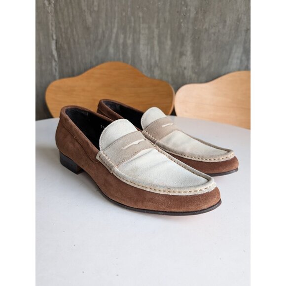 DSquared2-Men\'s Brown/Ivory/Taupe-Suede Almond Toe Penny Loafers-EU41/US 8